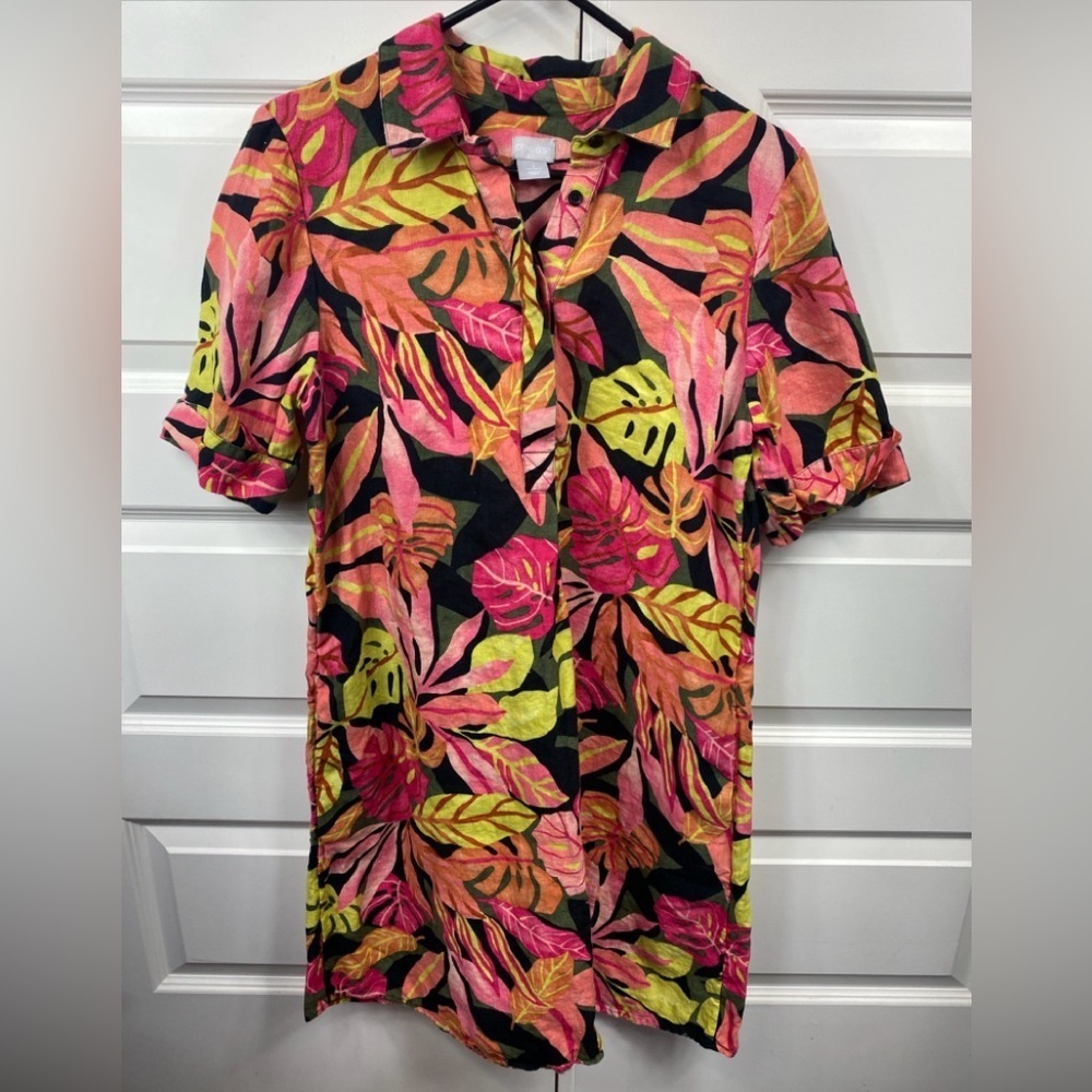Coastal resort Spring Linen Short Sleeve Dress Tropical Bright Floral Black 8